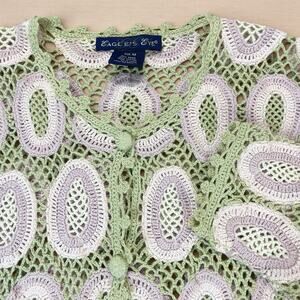 VTG Eagles Eye Open Knit Crochet Coquette Cardigan Sweater Womens Sz M Grandma